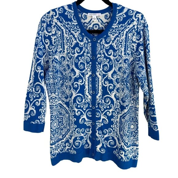 Isaac Mizrahi Live Womens Blue White Delft Print Knit Button Cardigan Sweater L - Picture 1 of 8
